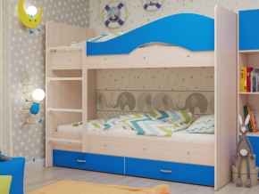 Кровать 2-х ярусная Мая с ящиками на латофлексах млечный дуб/синий в Миассе - miass.mebel74.com | фото 1