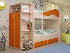 Кровать 2-х ярусная Мая с ящиками и шкафом на латофлексах оранж в Миассе - miass.mebel74.com | фото