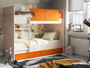 Кровать двухъярусная Тетрис латы с бортиками дуб млечный-оранжевый в Миассе - miass.mebel74.com | фото